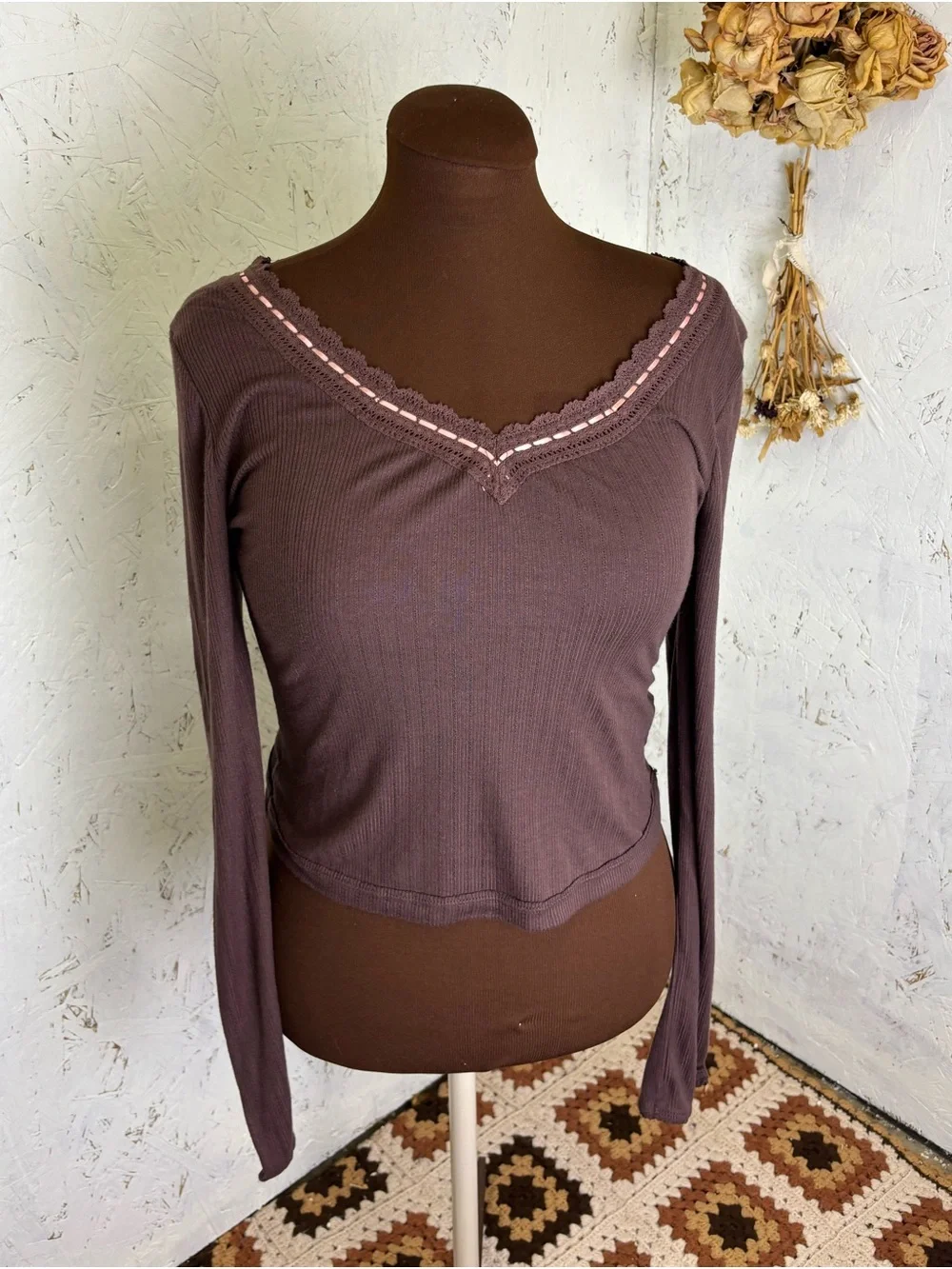 Free People Only You Ribbon Feminine V Neck Long Sleeve Brown Pink Medium